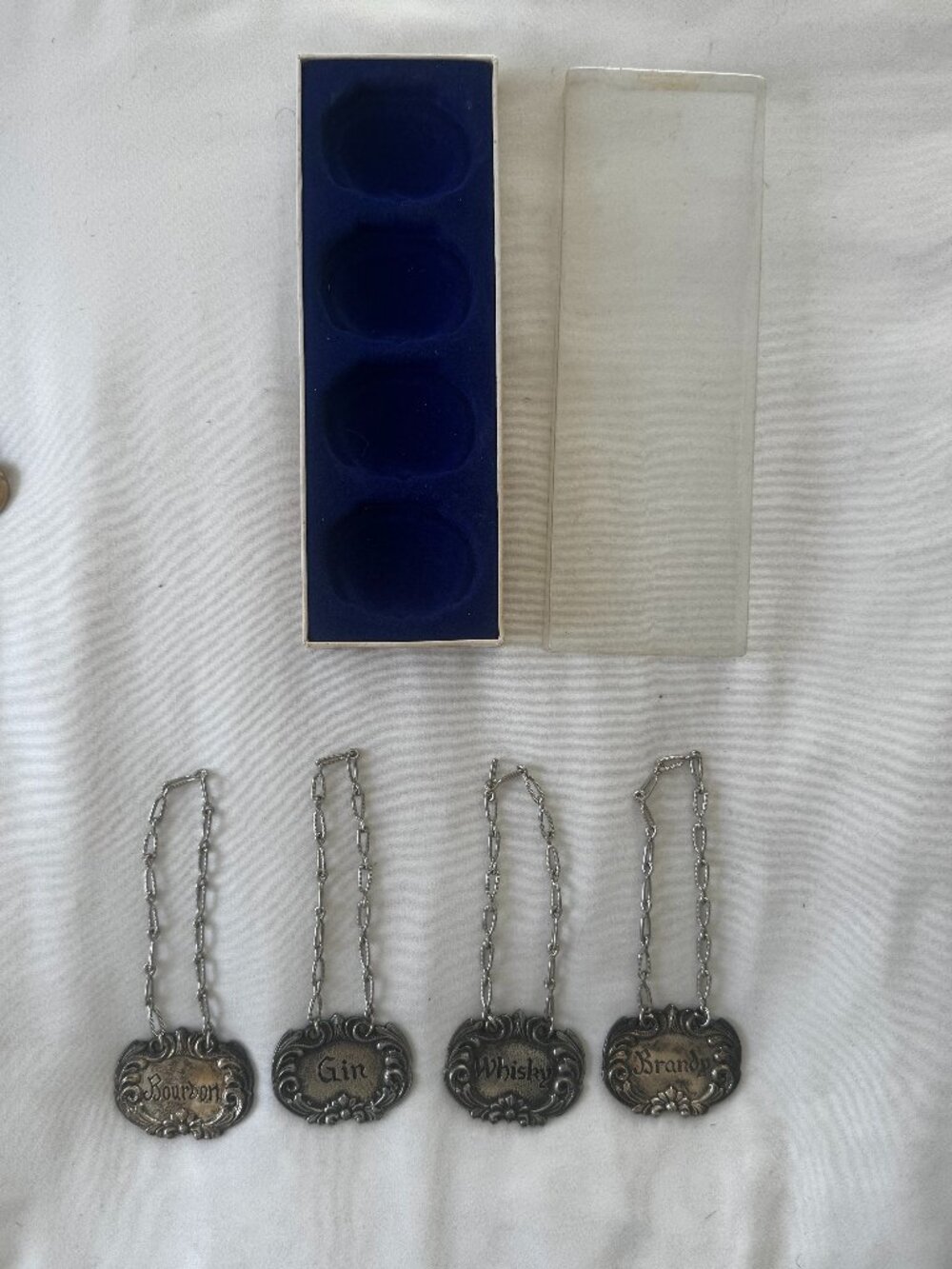 Vintage Pewter Liquor Bottle Decanter Label Tags Bourbon Gin Whisky Brandy Set